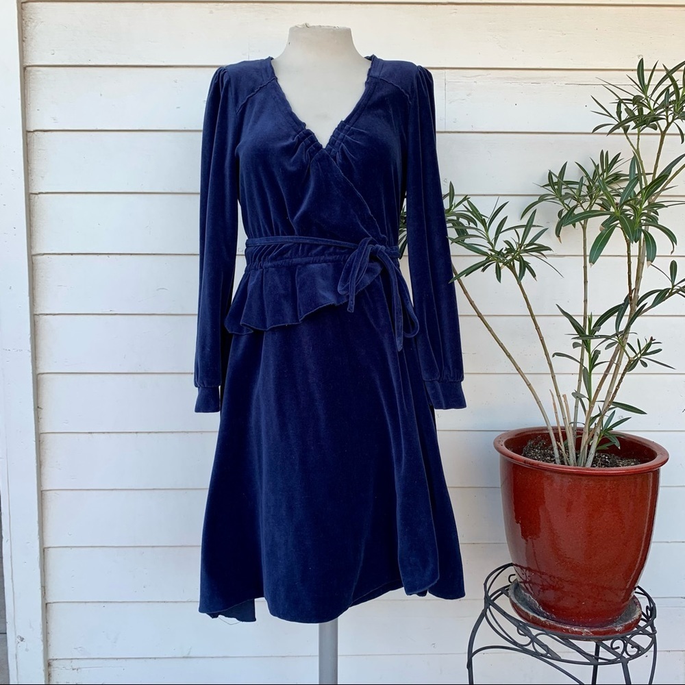 VTG Betsey Johnson 90 2000 y2K warm navy blue velvet wrap long sleeve midi Med